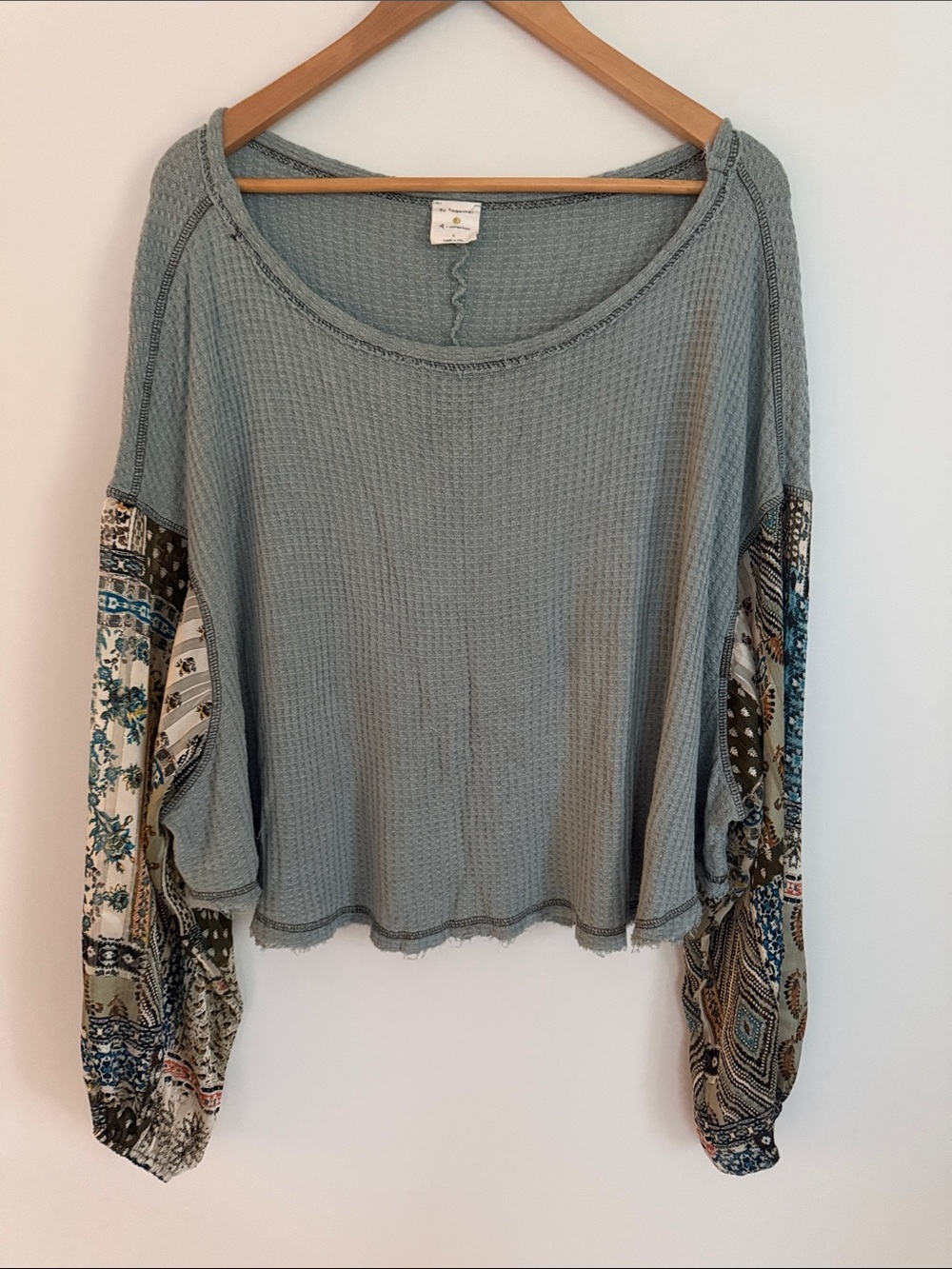 BY TOGETHER Women Boho Green Waffle Knit Floral Dolman Sleeve Cropped Top Size L